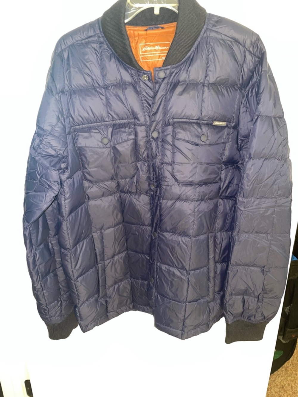 Eddie Bauer Dark Navy Quilted Puffer Jacket with Black Rib Trim